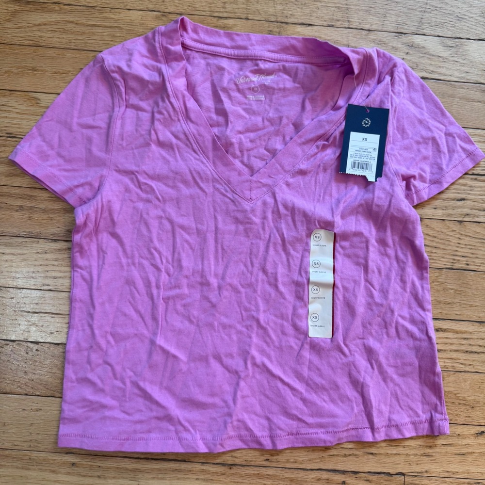 Universal‎ Thread Womens V-Neck Short Sleeve Cotton T-Shirt Vibrant Pink XS NWT